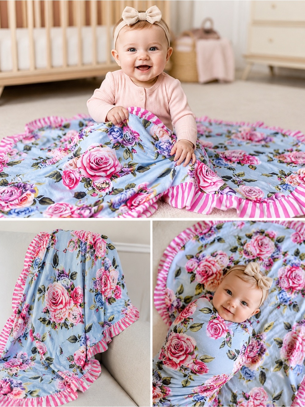 Posh Peanut Country Rose Ruffled Luxette Patoo Blanket Bamboo